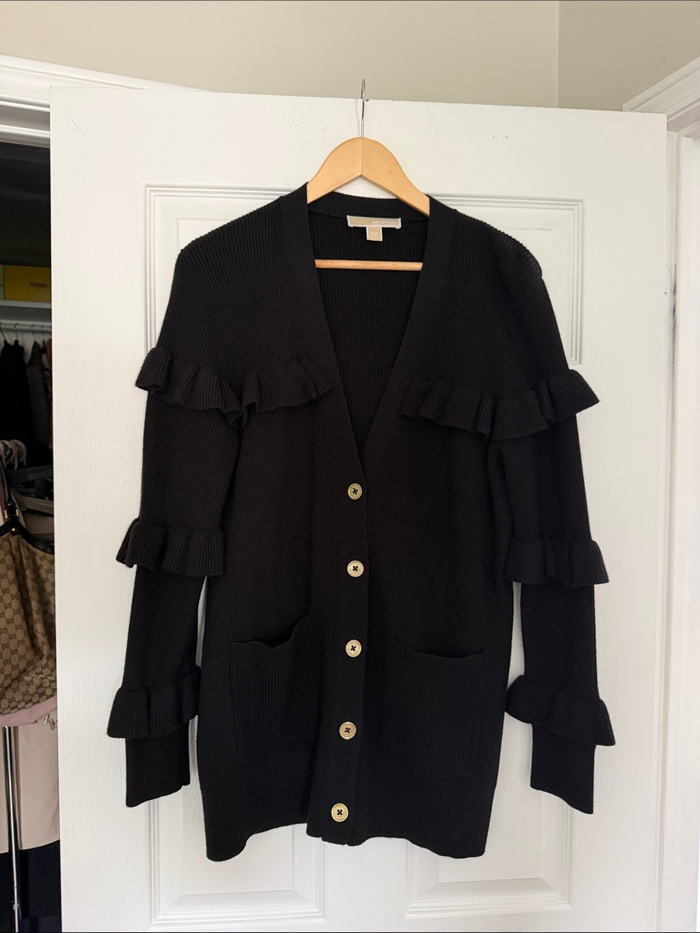 NWOT MICHAEL Micheal KORS Black Ruffled Cardigan Sweater Knit Size Small